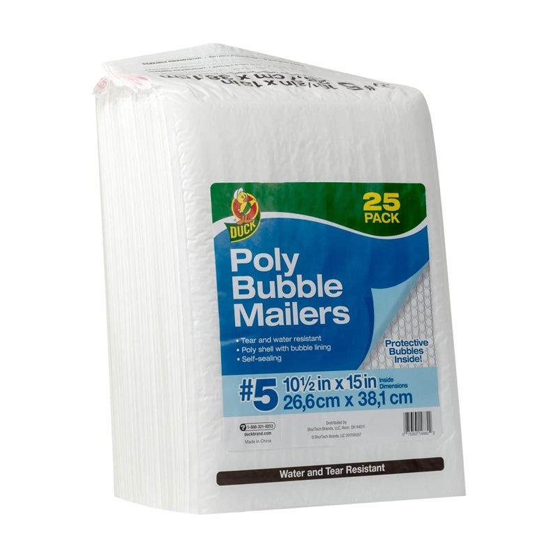 Duck Brand #5 Poly Bubble Mailer, 10.5" x 15", White, 25-Pack - Image 1